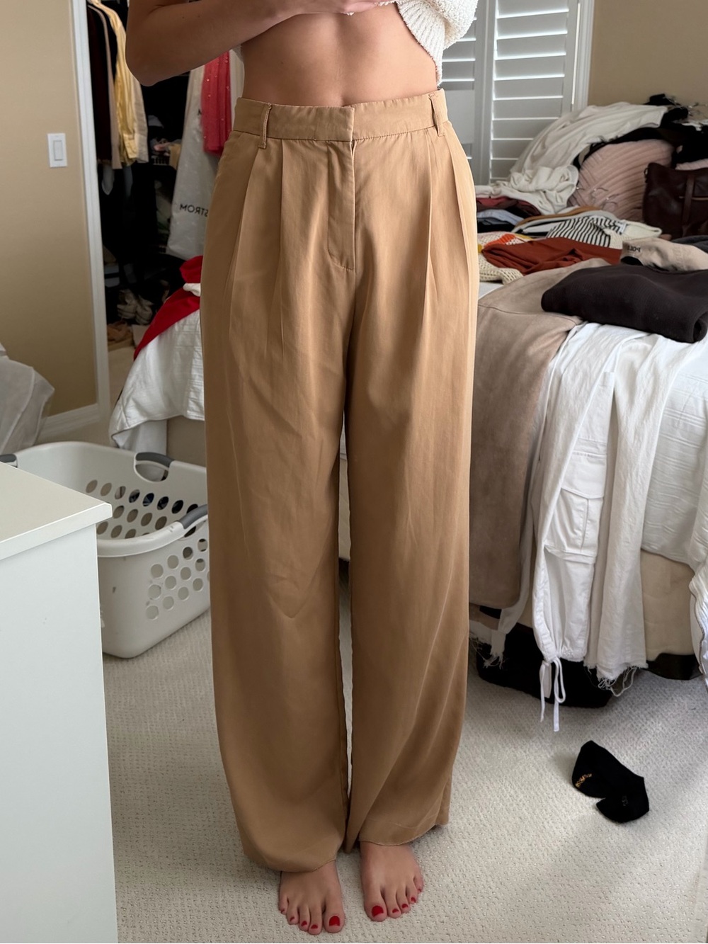 Zara Wide-Leg High-Rise Pants in Camel Brown (Long)